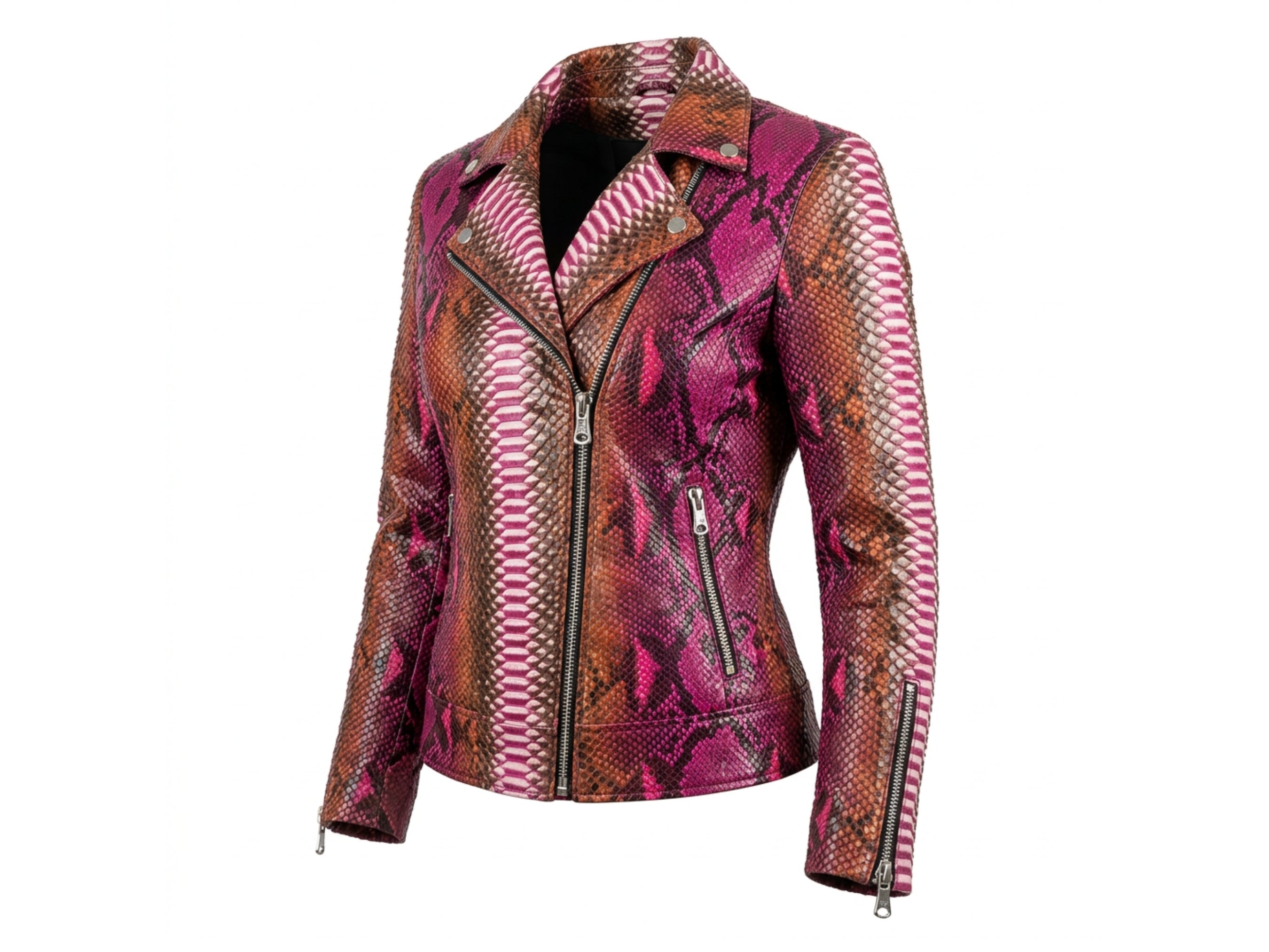 Pink and brown metallic snakeskin leather biker jacket with zip closure and cuffs