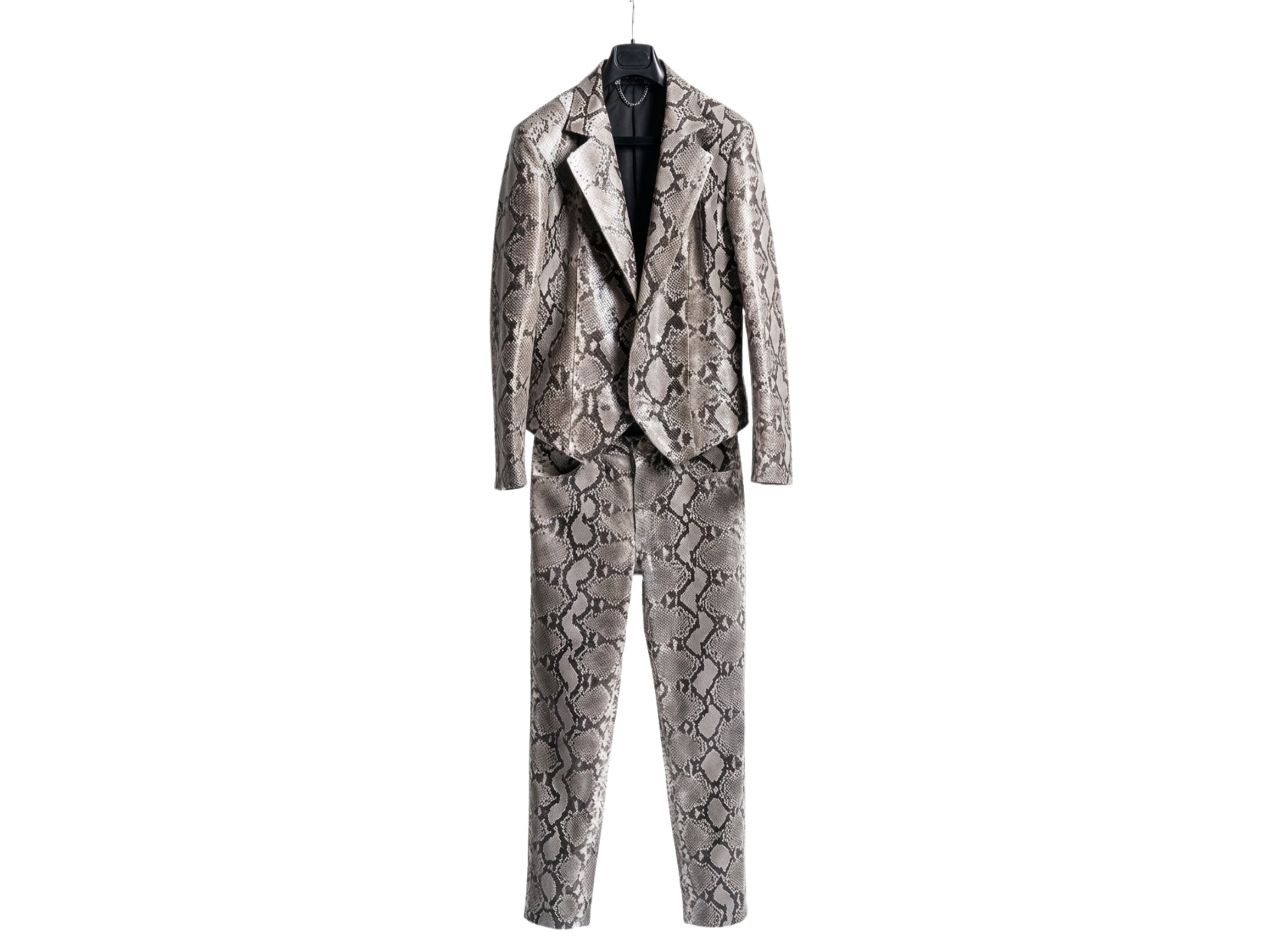 Natural gray python snakeskin suit set displayed on a hanger: blazer and pants