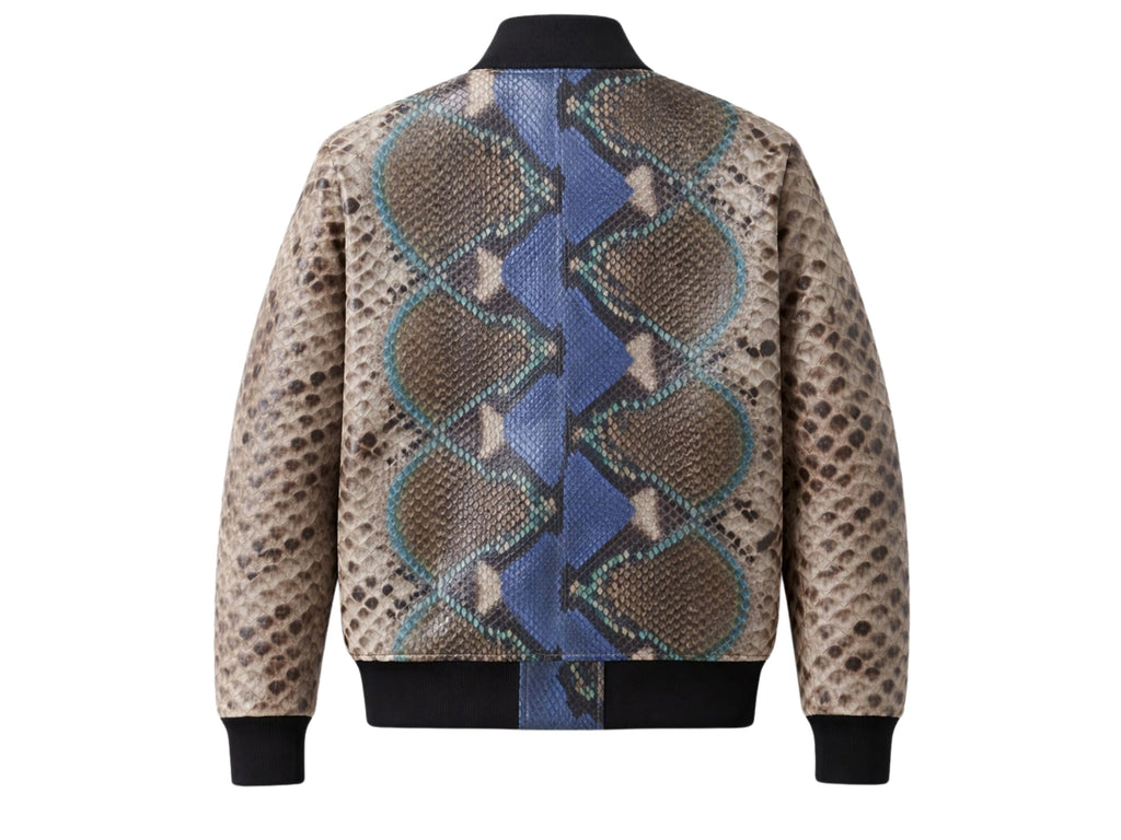 Men’s python snakeskin bomber jacket with back yoke and blue/teal geometric panel print