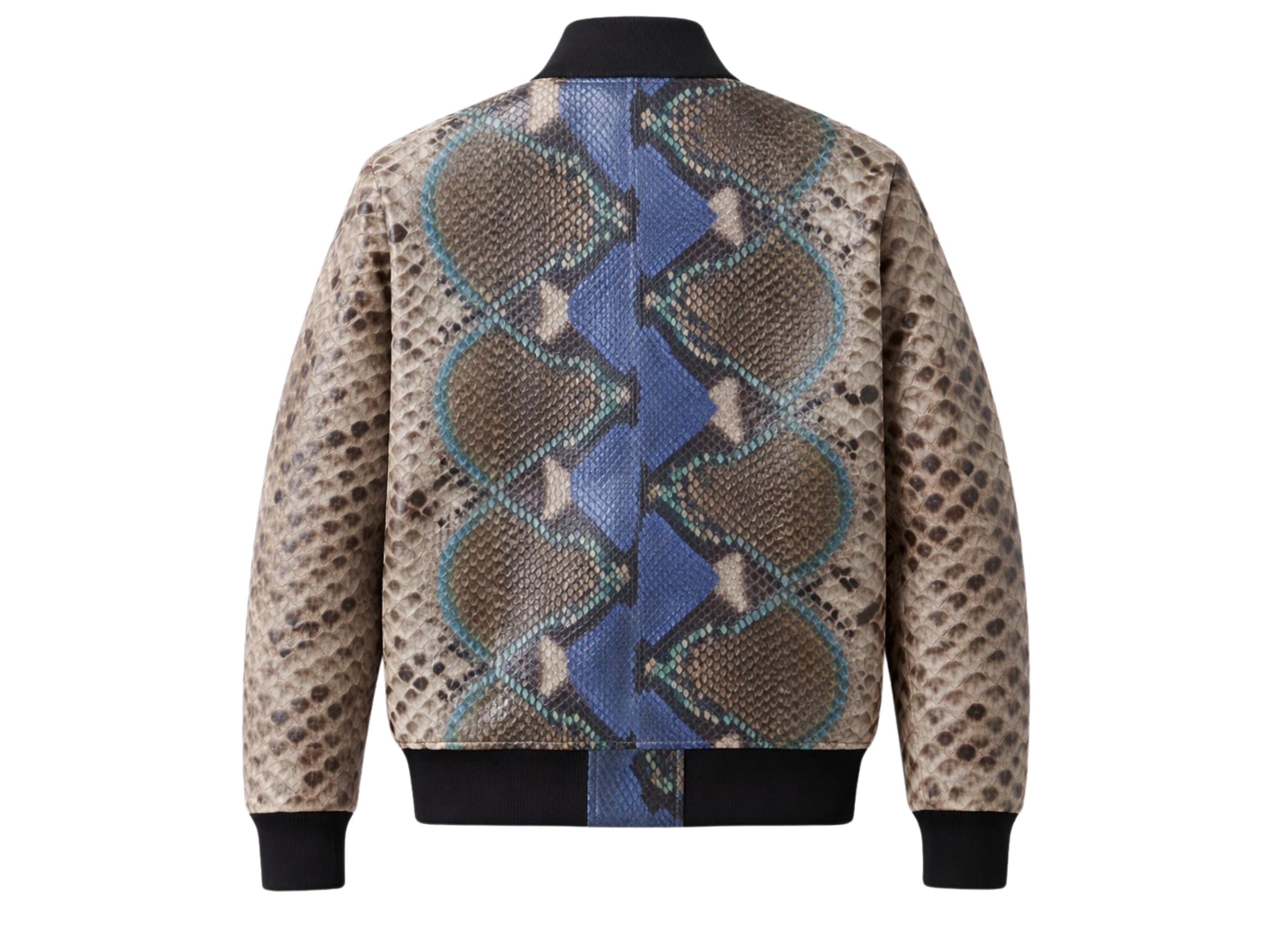 Men’s python snakeskin bomber jacket with back yoke and blue/teal geometric panel print