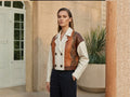 Cream-and-cognac double-breasted blazer with snakeskin lambskin panel and white lapels