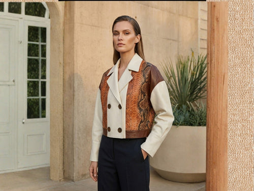 Cream-and-cognac double-breasted blazer with snakeskin lambskin panel and white lapels