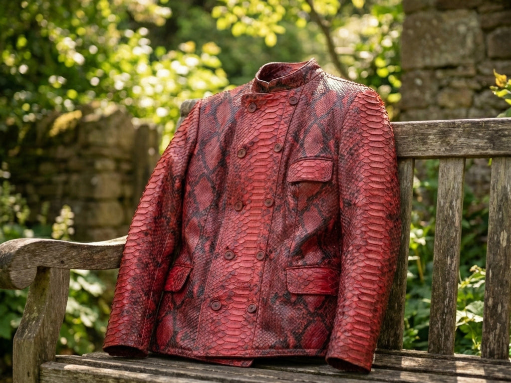 Red snakeskin leather jacket back view with flap pockets and button front placket