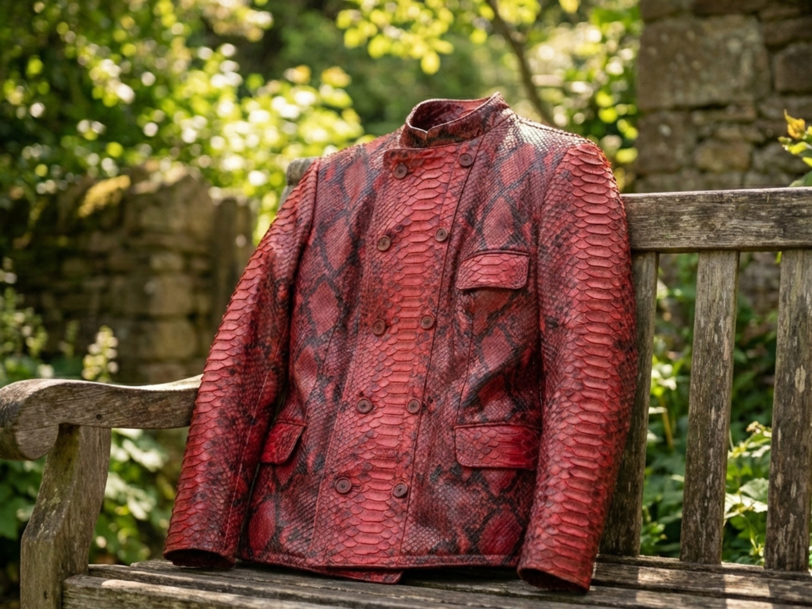 Red snakeskin leather jacket back view with flap pockets and button front placket