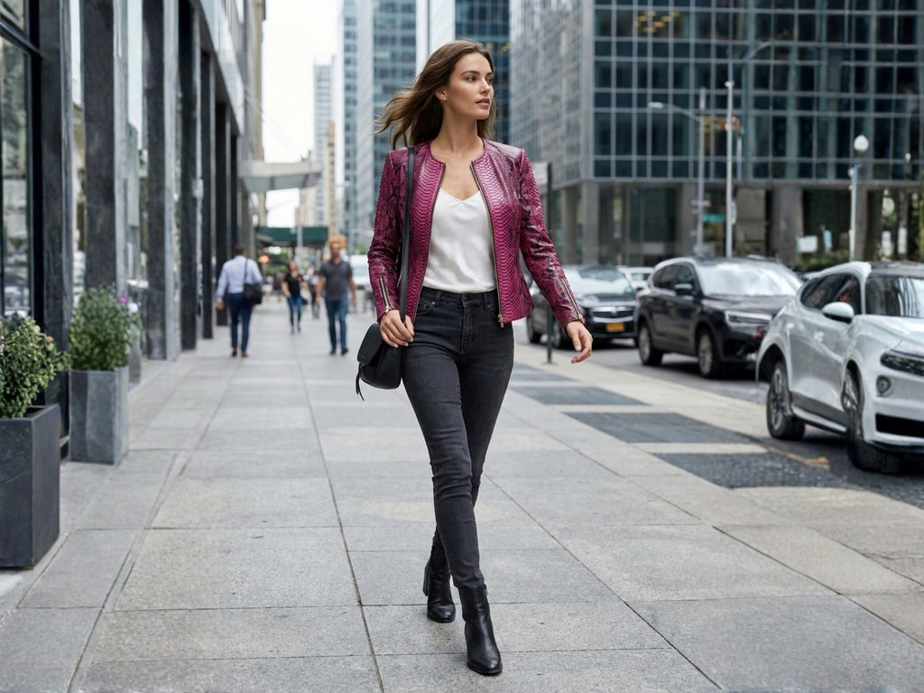 Pink burgundy snakeskin leather jacket on model walking, long sleeves and front zipper