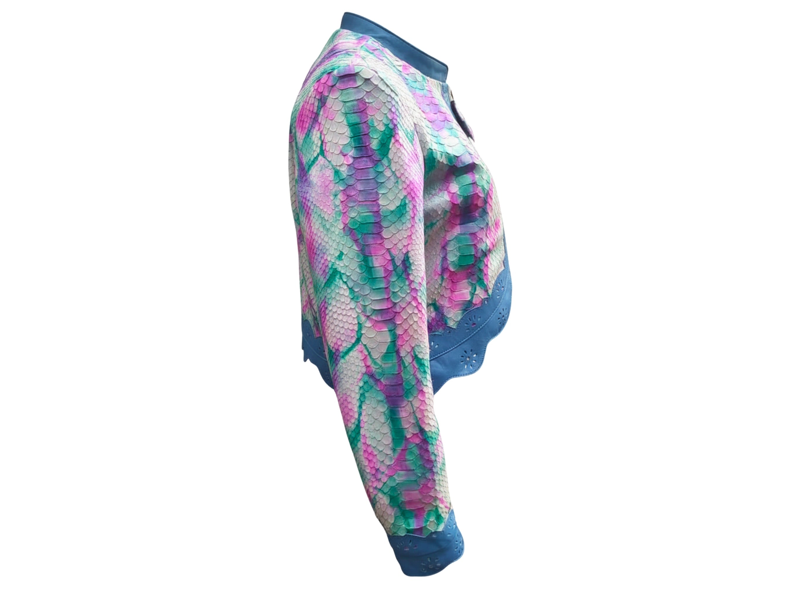 Cropped leather jacket side view, multicolor snakeskin tie-dye print with blue trim