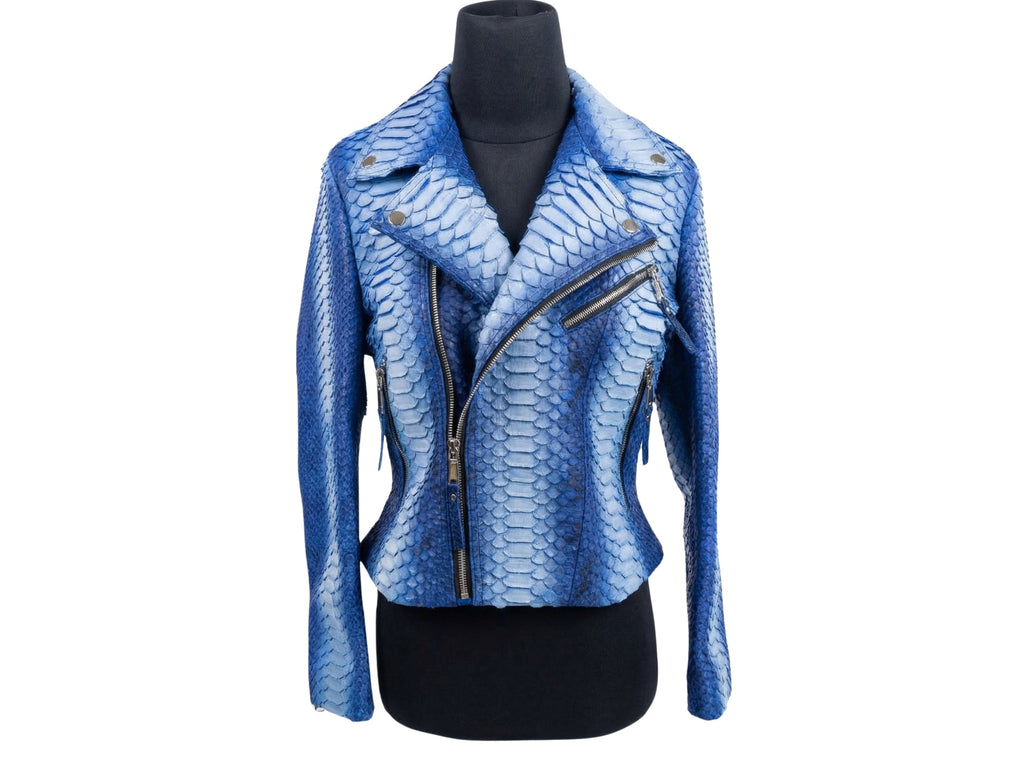 Blue snakeskin-effect biker jacket on dark mannequin with asymmetrical zip front and lapels.