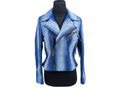 Blue snakeskin-effect biker jacket on dark mannequin with asymmetrical zip front and lapels.