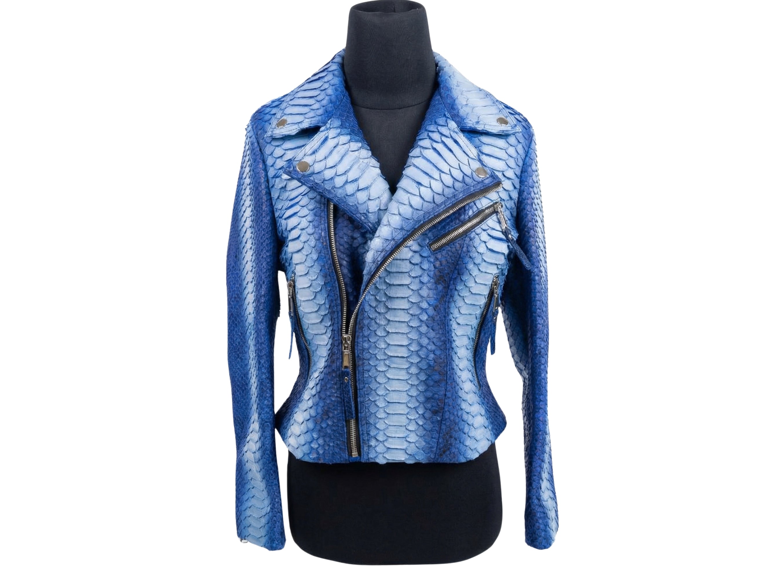 Blue snakeskin-effect biker jacket on dark mannequin with asymmetrical zip front and lapels.