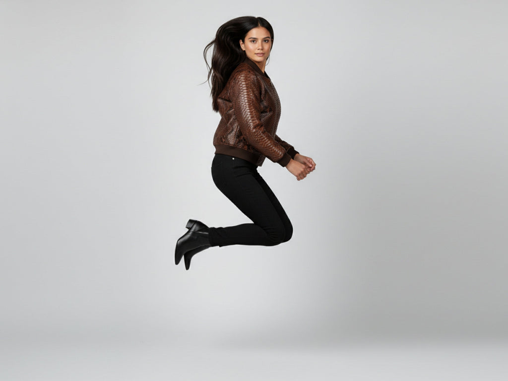Brown snakeskin leather bomber jacket, dynamic pose with zip front and knit cuffs