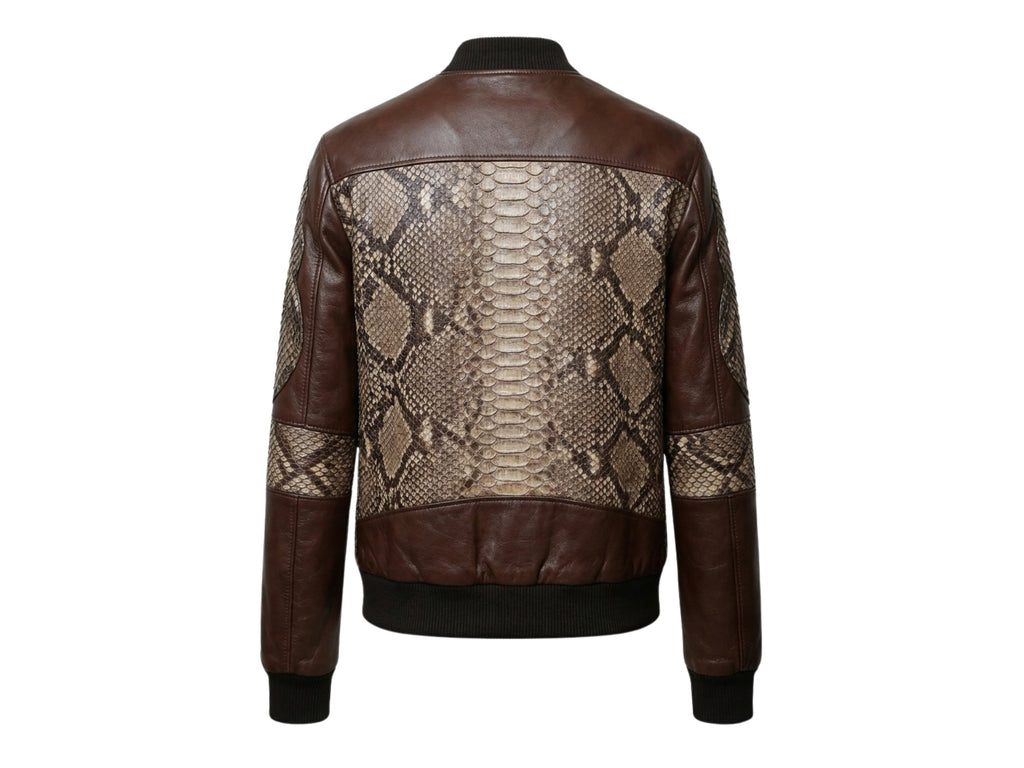 Men's bomber jacket back view: beige snakeskin-style panel across upper back and shoulders.