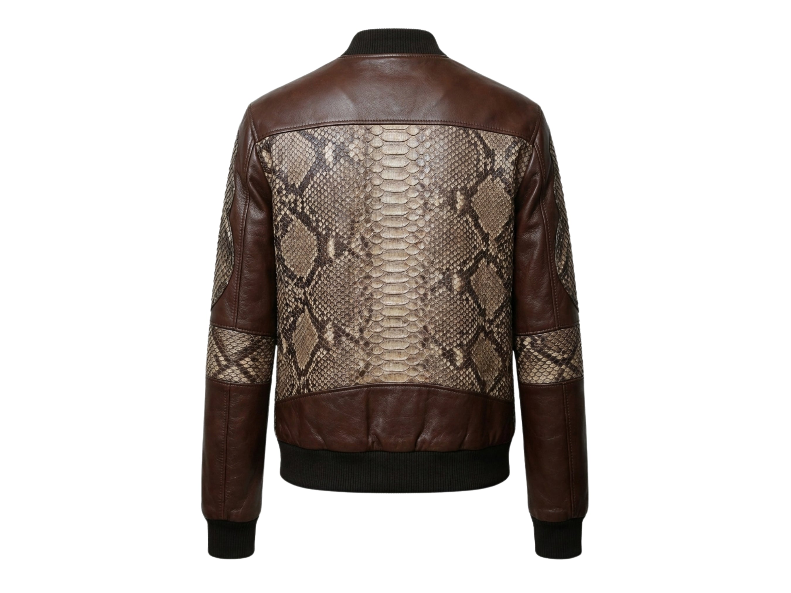 Men's bomber jacket back view: beige snakeskin-style panel across upper back and shoulders.