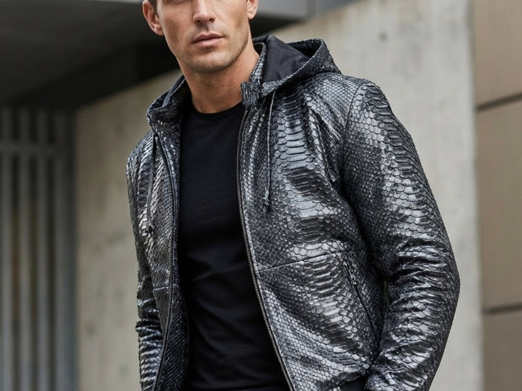 Python snakeskin hoodie bomber jacket close-up on chest, full-zip and hood edge