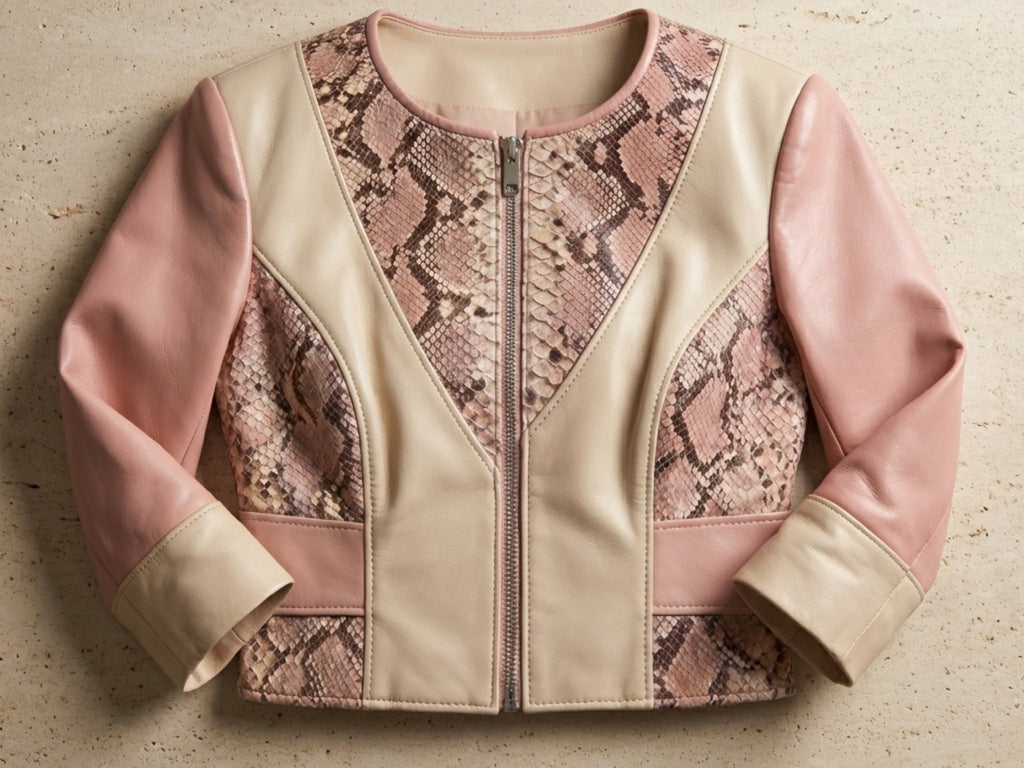 Close-up of cream leather bolero jacket with snakeskin panel and front zipper