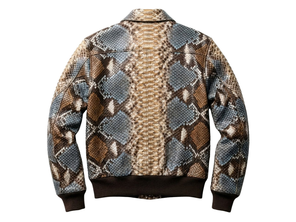 Men's snakeskin-pattern bomber jacket back with ribbed hem and scale print