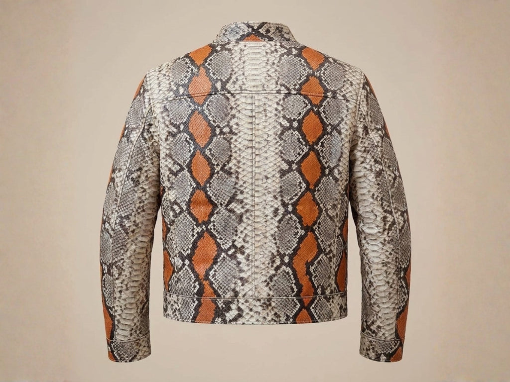 Back view of python snakeskin jacket with orange diamond scale pattern, long sleeves