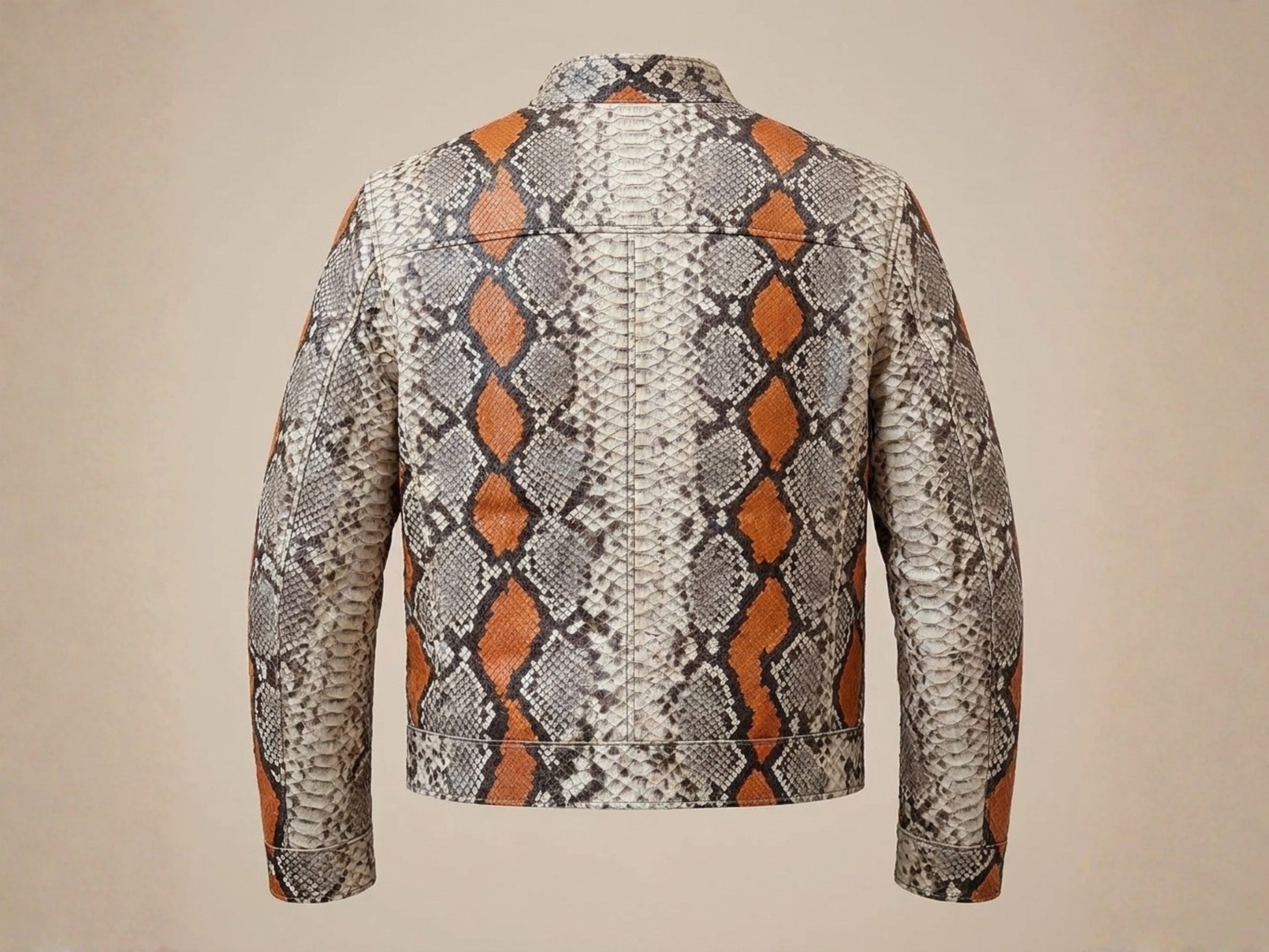 Back view of python snakeskin jacket with orange diamond scale pattern, long sleeves