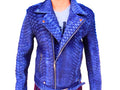 Blue snakeskin leather jacket with diagonal zip and chest pockets