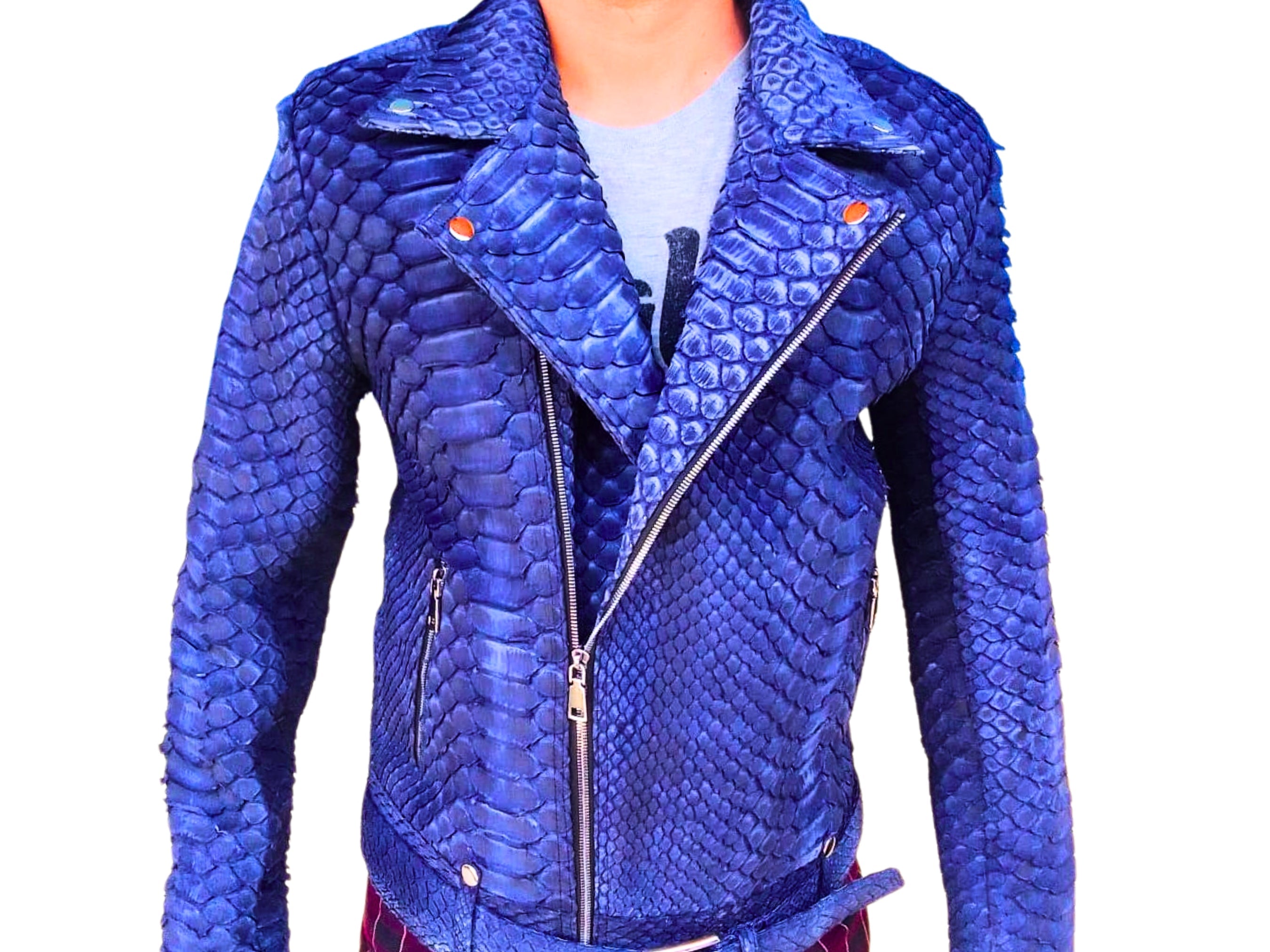 Blue snakeskin leather jacket with diagonal zip and chest pockets