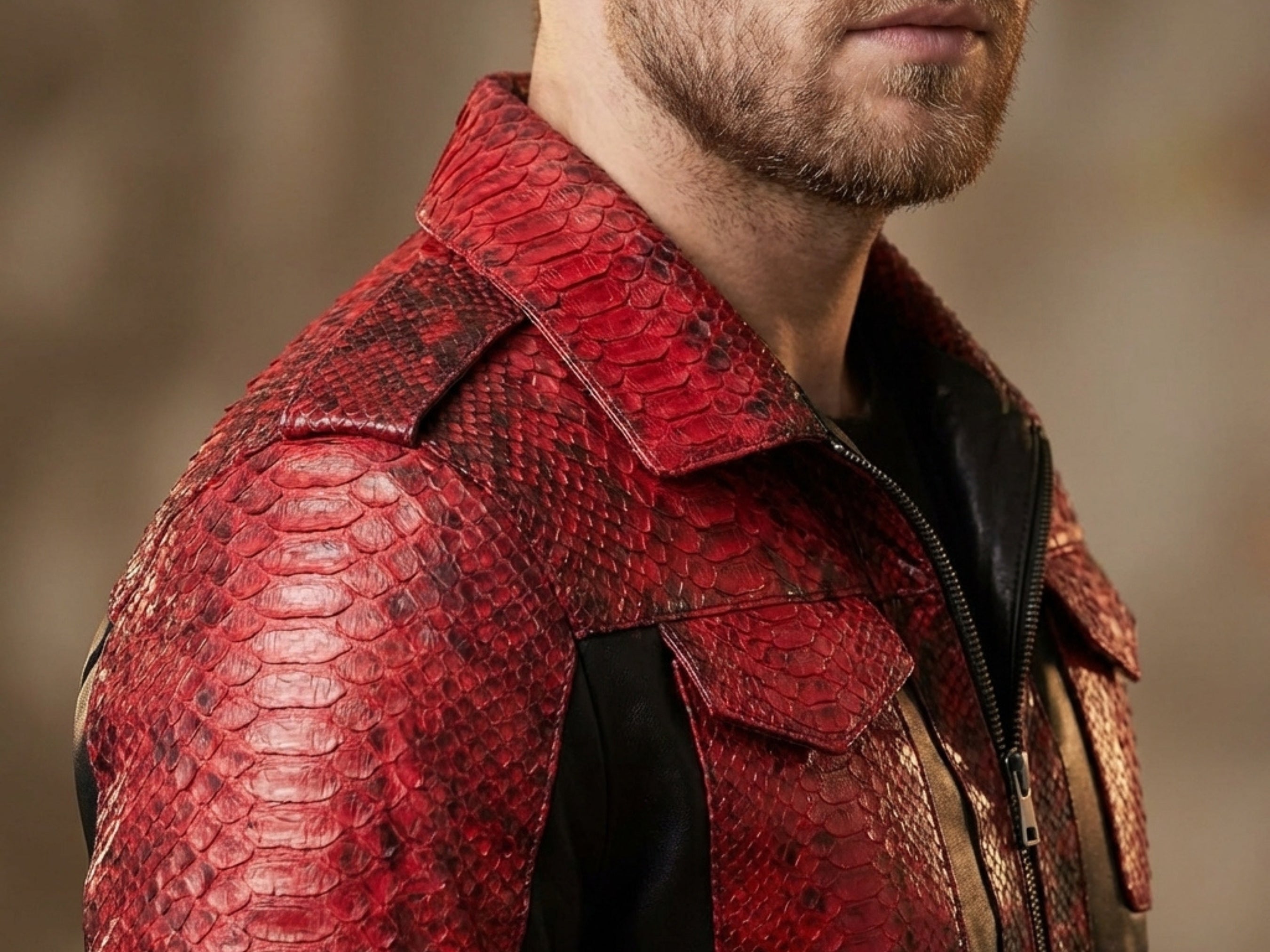 Close-up of red snakeskin-style jacket collar with black leather shoulder and zip detail