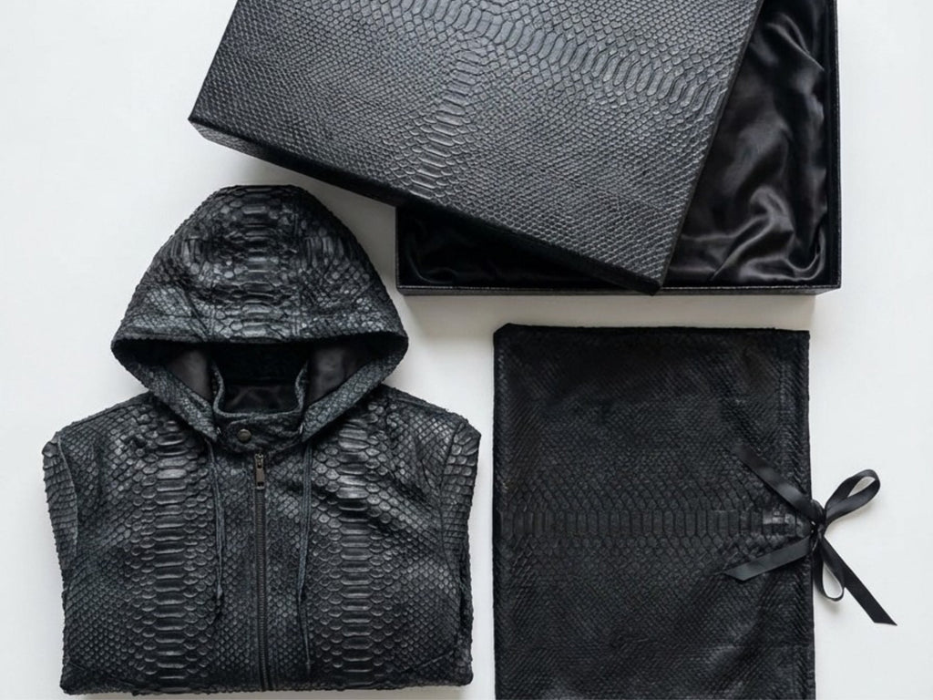 Python snakeskin hoodie bomber jacket folded, with hooded full-zip and black storage bag