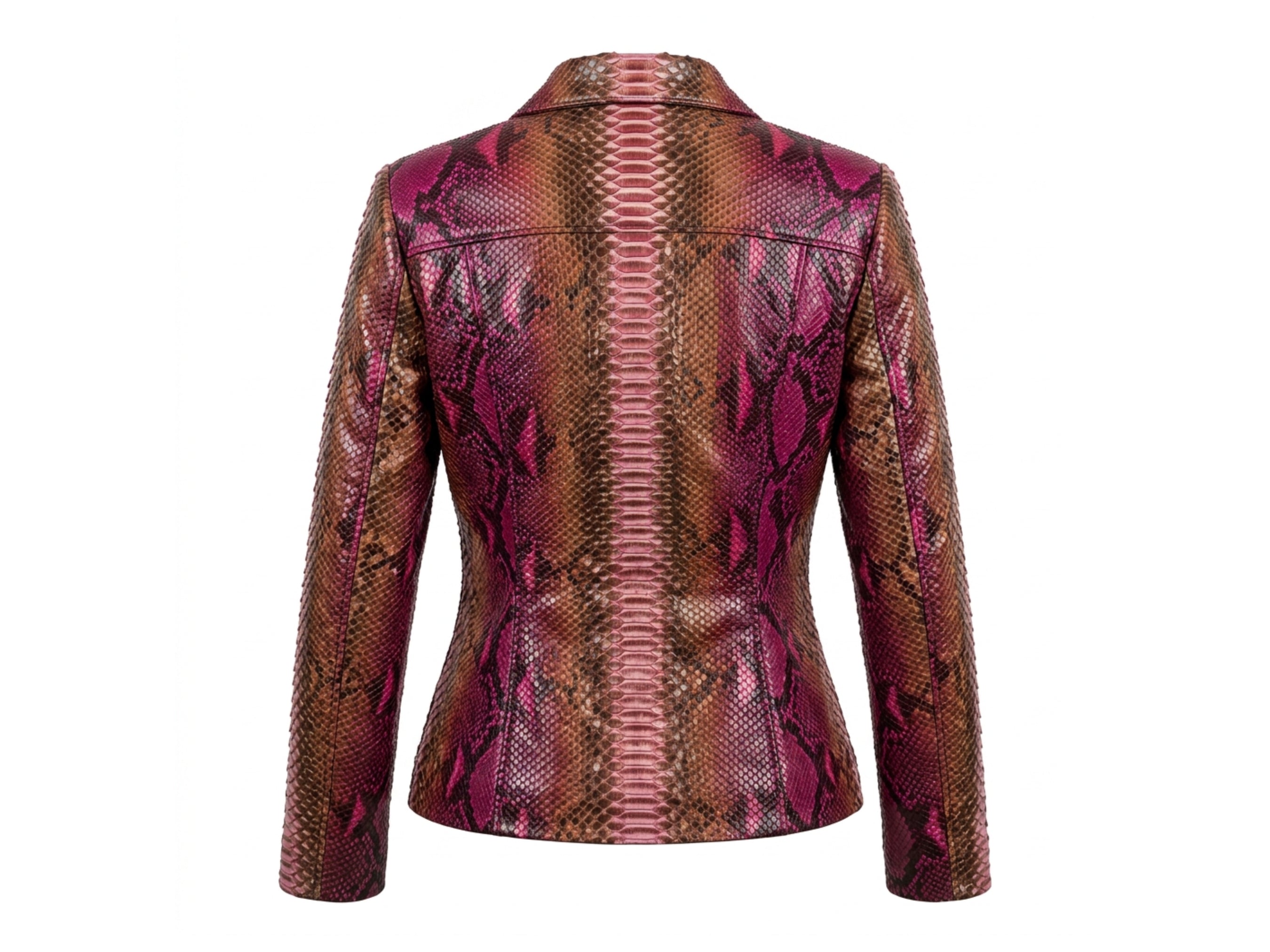 Back view of pink and brown snakeskin leather biker jacket with fitted waist