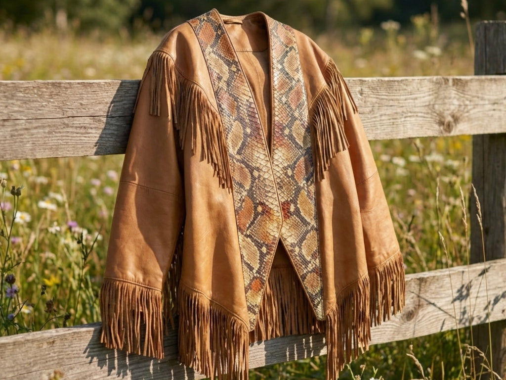 Outdoor view of brown fringe cape jacket with snakeskin-print front panel