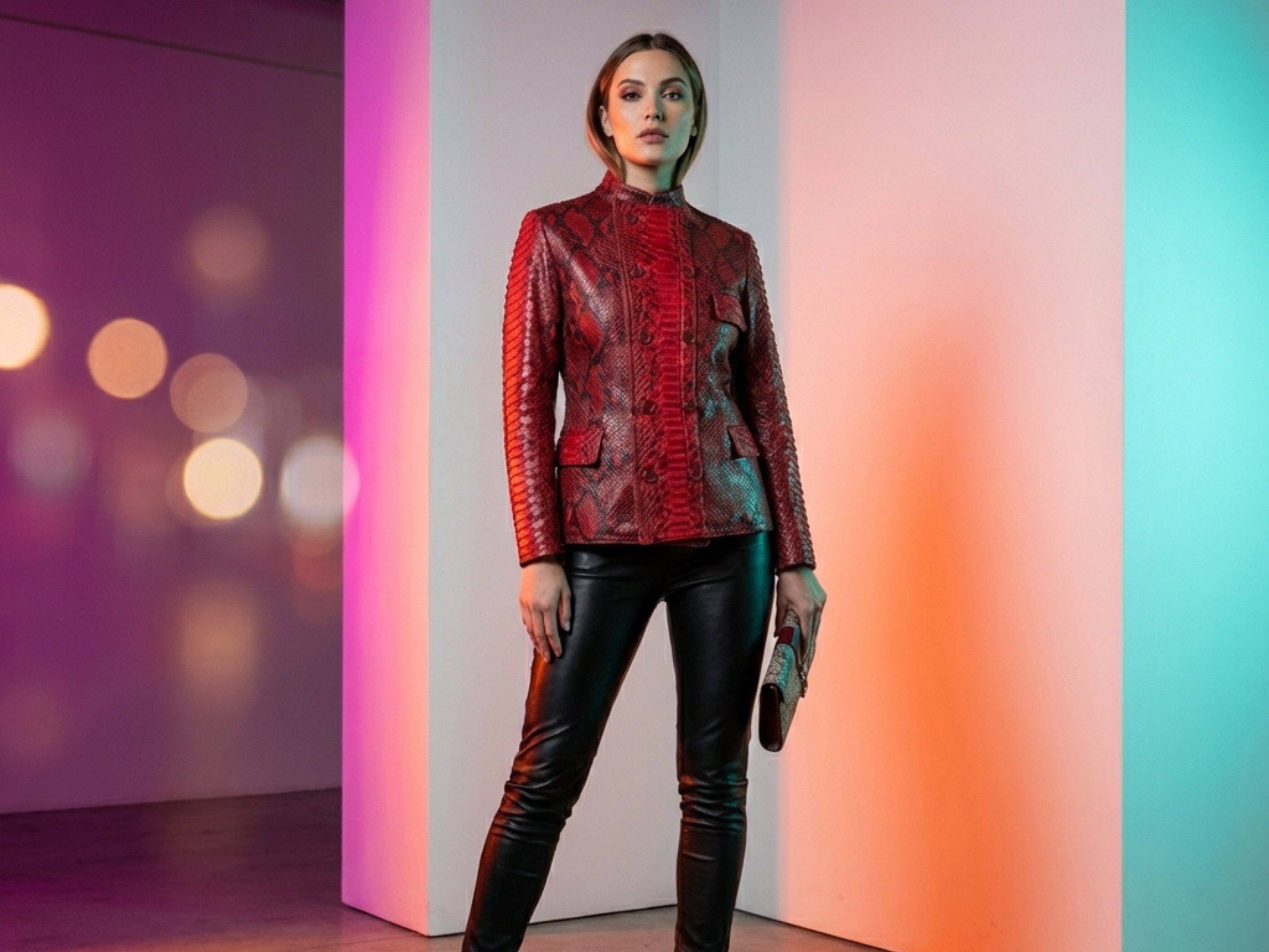 Red snakeskin leather jacket with notch lapels, button front, and long sleeves