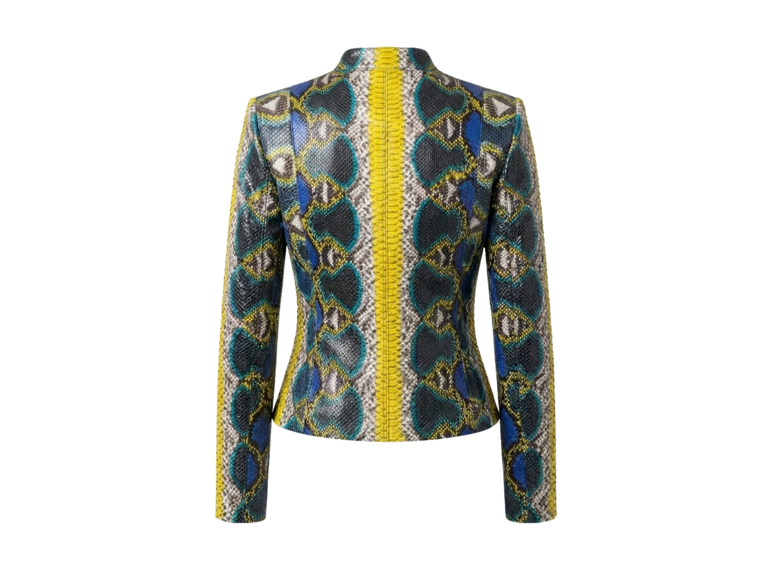 Multi-color snakeskin leather jacket back view, stand collar and long sleeves