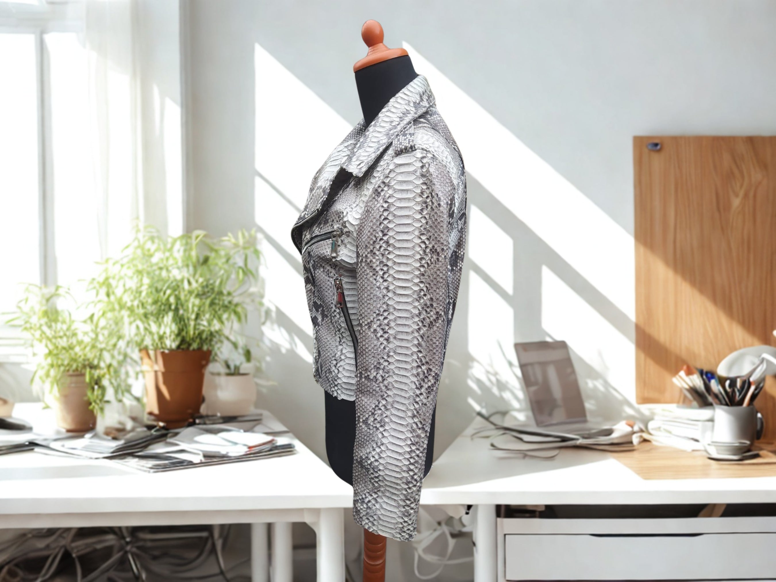 Snakeskin-print biker jacket, silver-gray with notched lapels and zip front