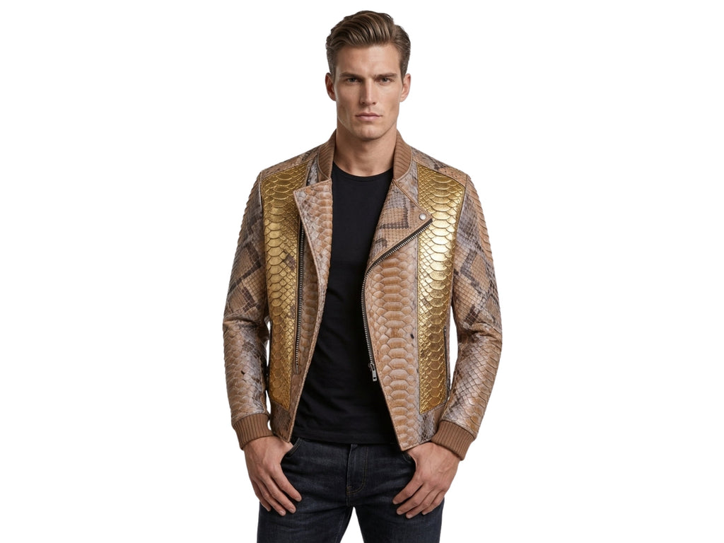 Men’s snakeskin-look biker jacket with gold panels, zip front, and ribbed cuffs