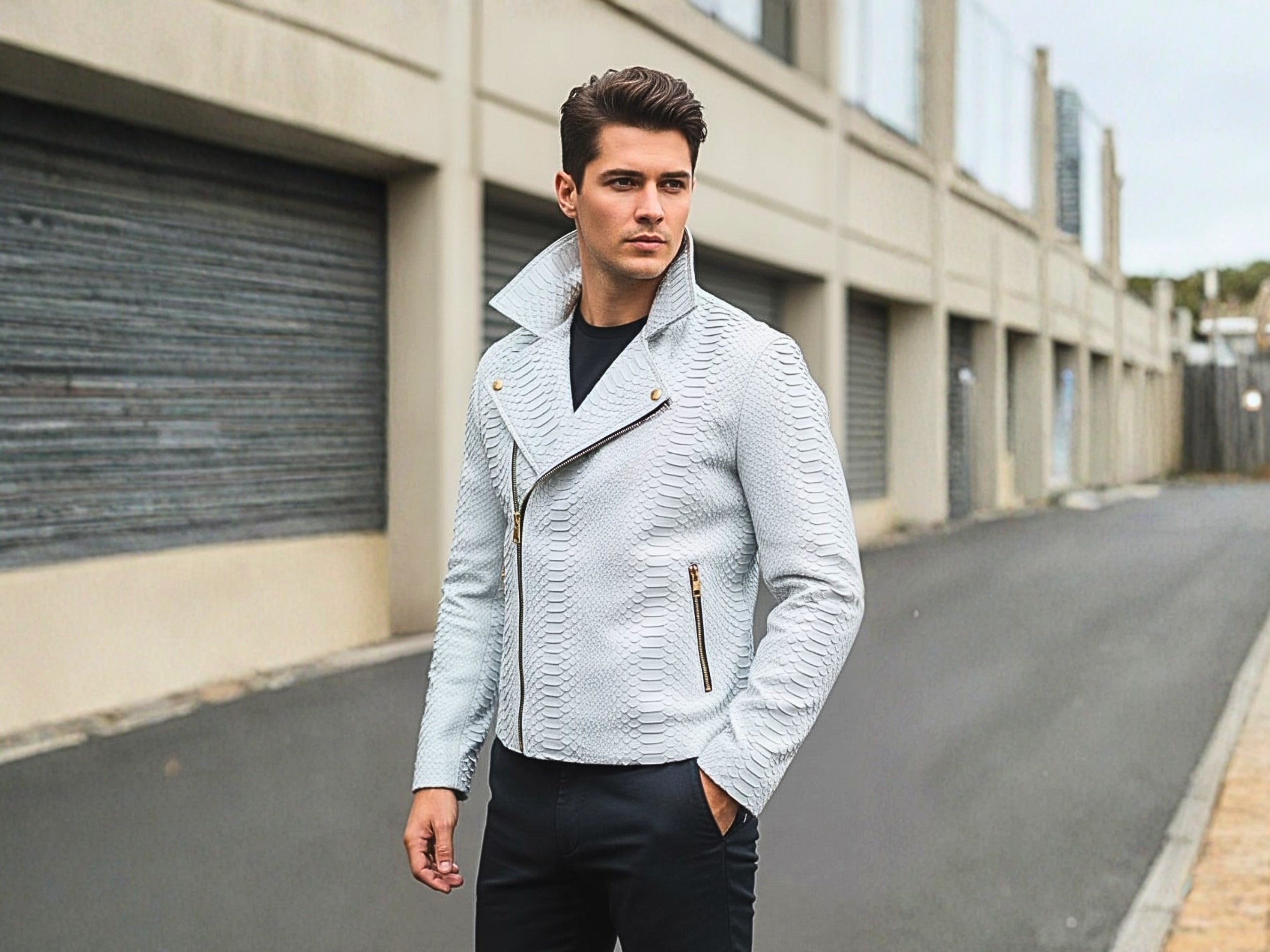 Light blue python-textured biker jacket worn with black top and pants