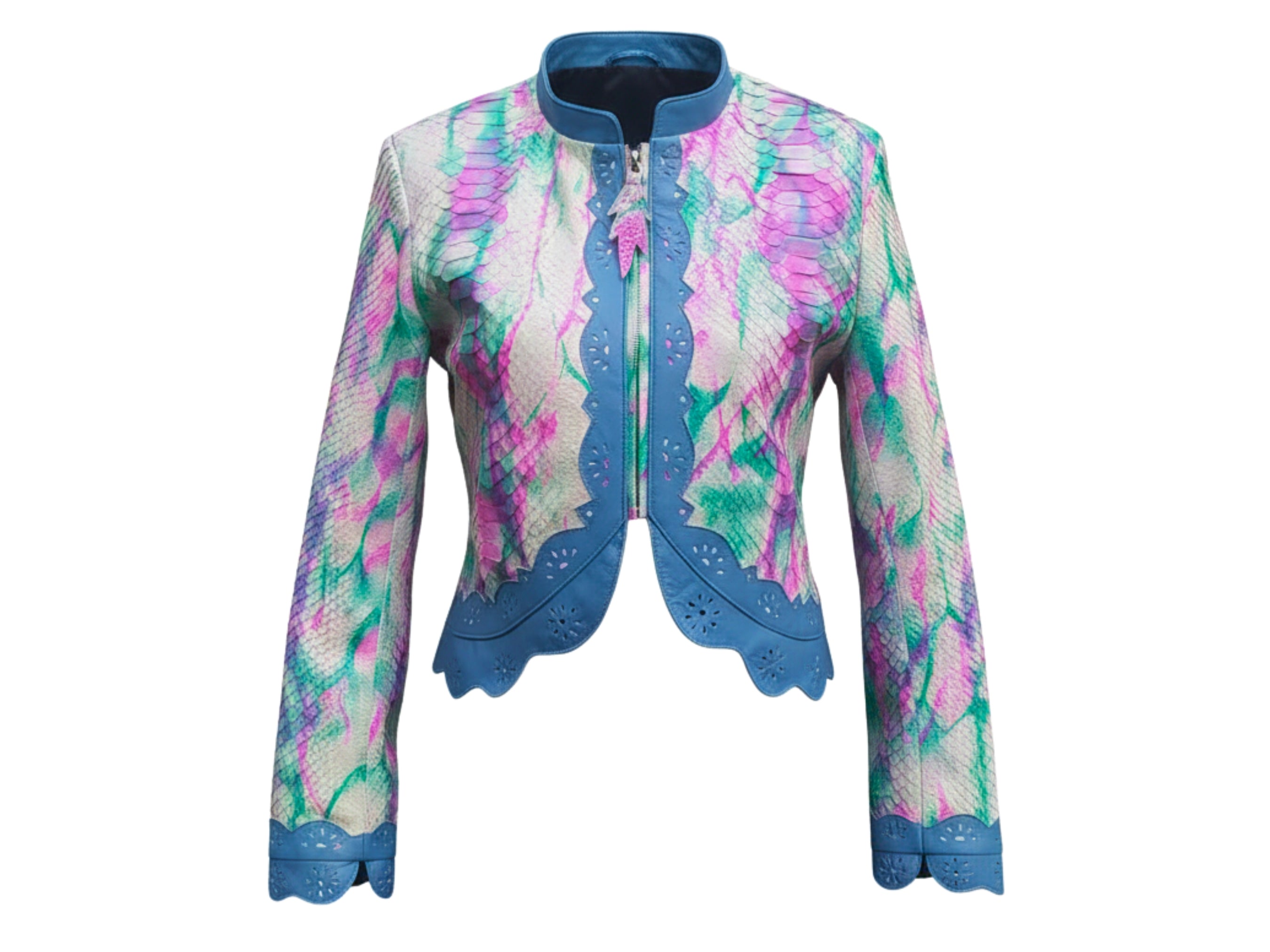 Cropped leather jacket with tie-dye python snakeskin print and blue scalloped trim