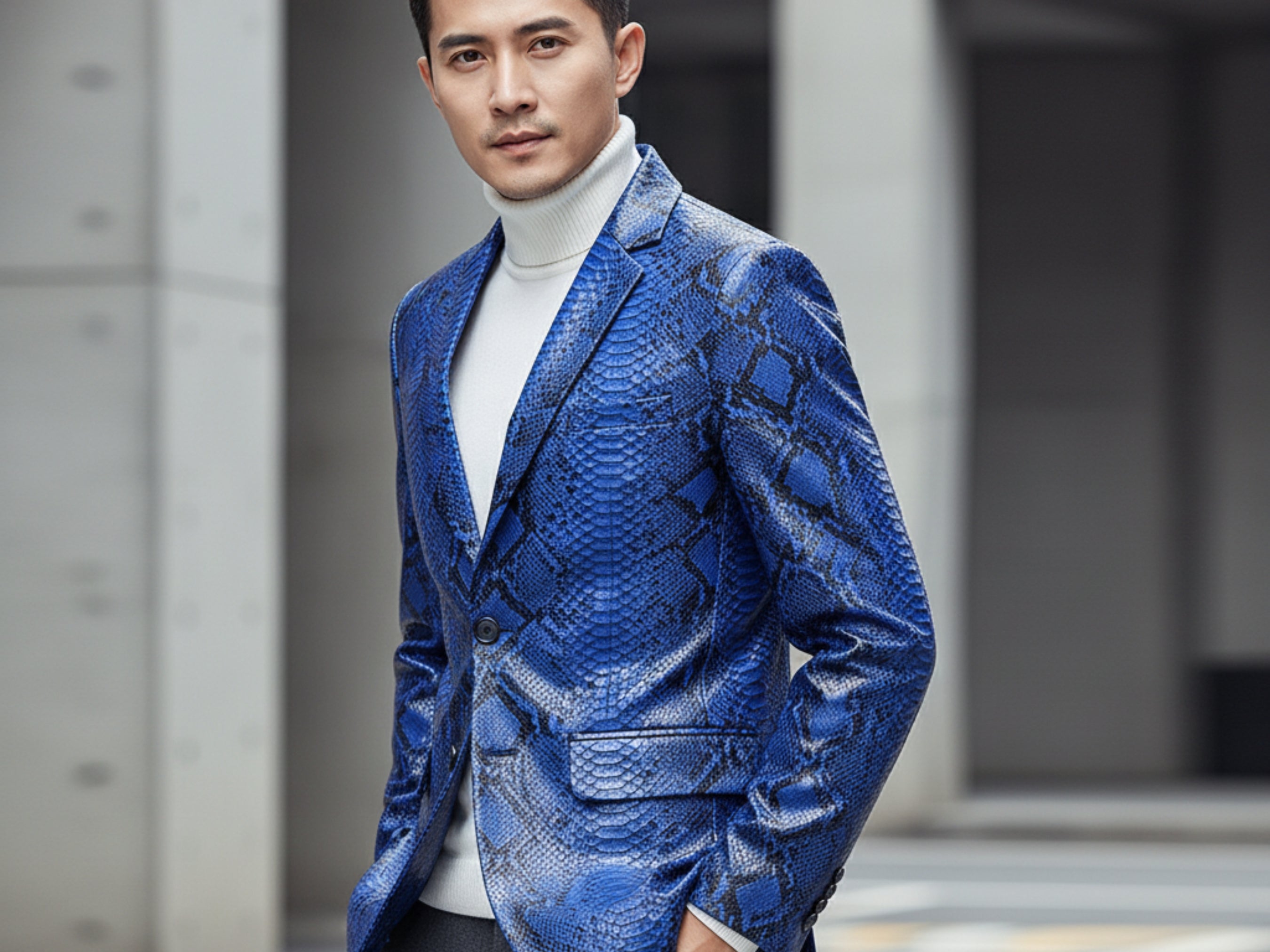 Men's blue snakeskin blazer close-up, textured pattern with notch lapels and pockets.