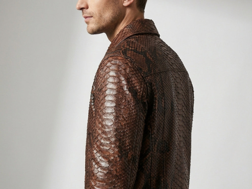 Brown python snakeskin jacket with stand collar and textured sleeve pattern