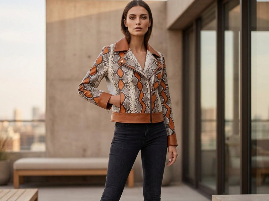 Women’s snakeskin print biker leather jacket with orange and brown detail, zip front.