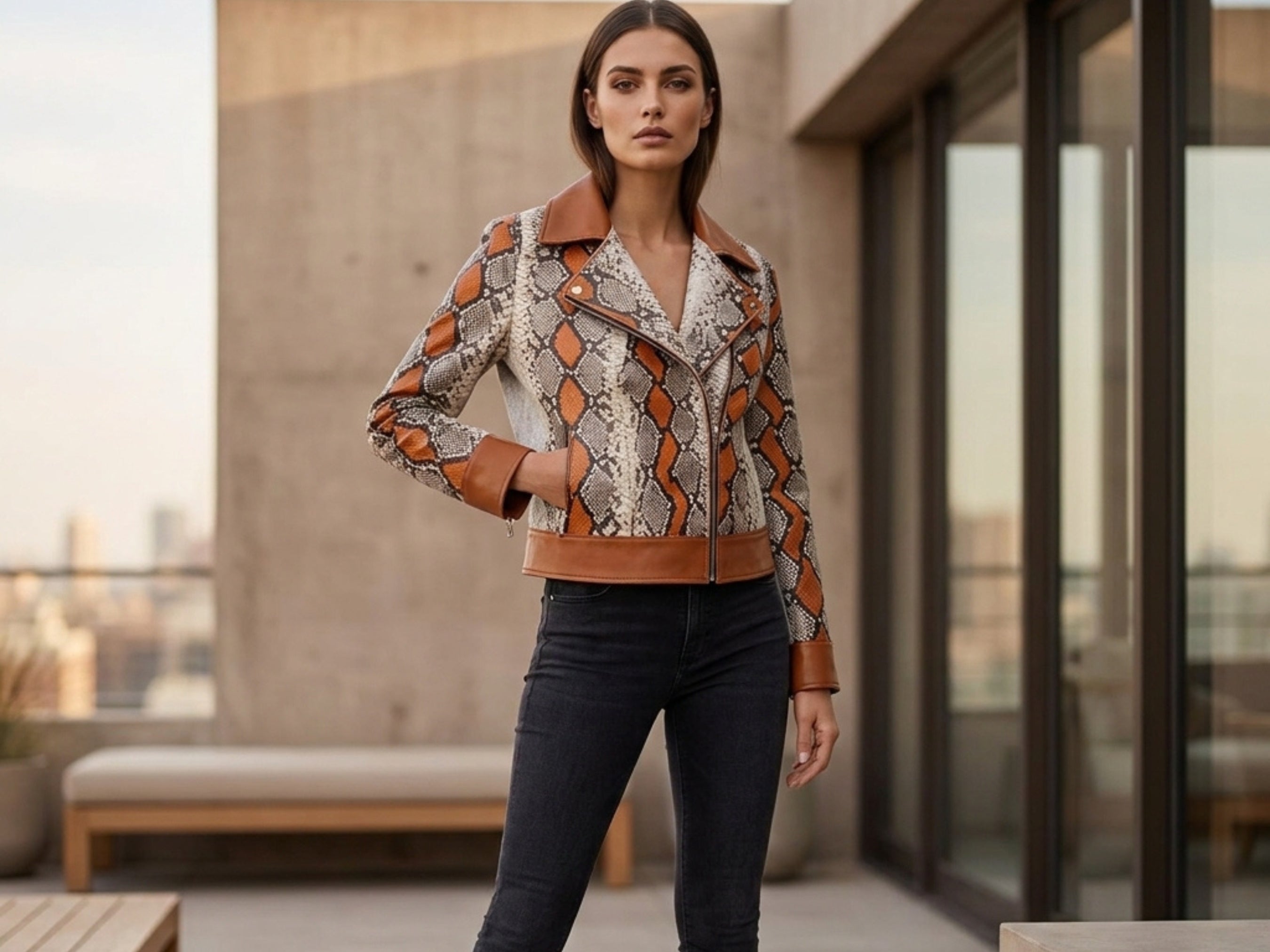 Women’s snakeskin print biker leather jacket with orange and brown detail, zip front.