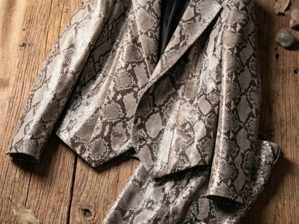 Close-up of natural gray python snakeskin texture on blazer and pants