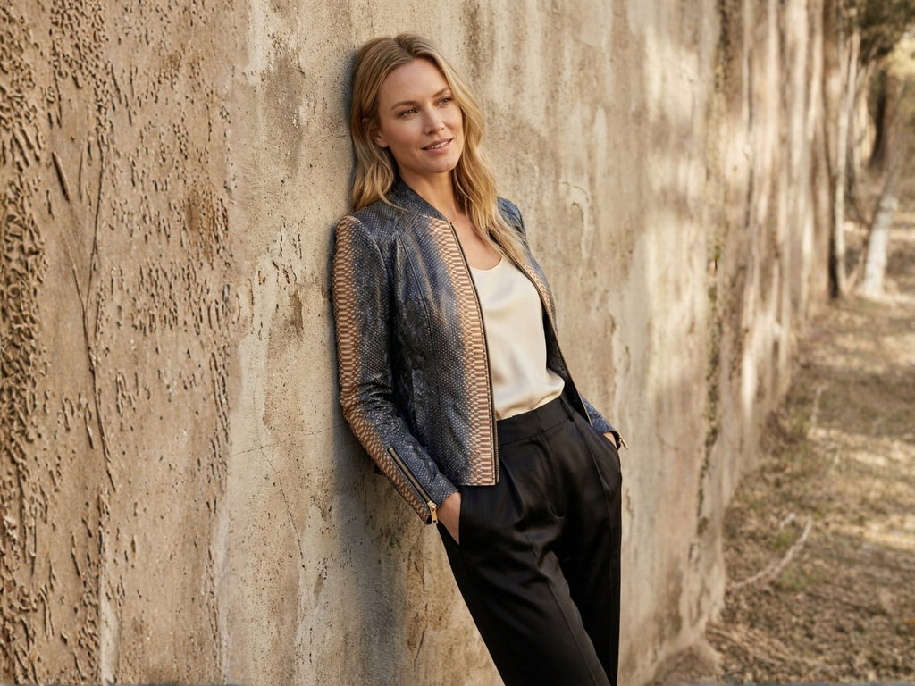Charcoal snakeskin-effect jacket with stand collar and zip front, long sleeves