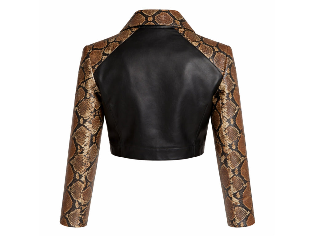 Back view of cropped motorcycle jacket: black center with brown snakeskin sleeves.