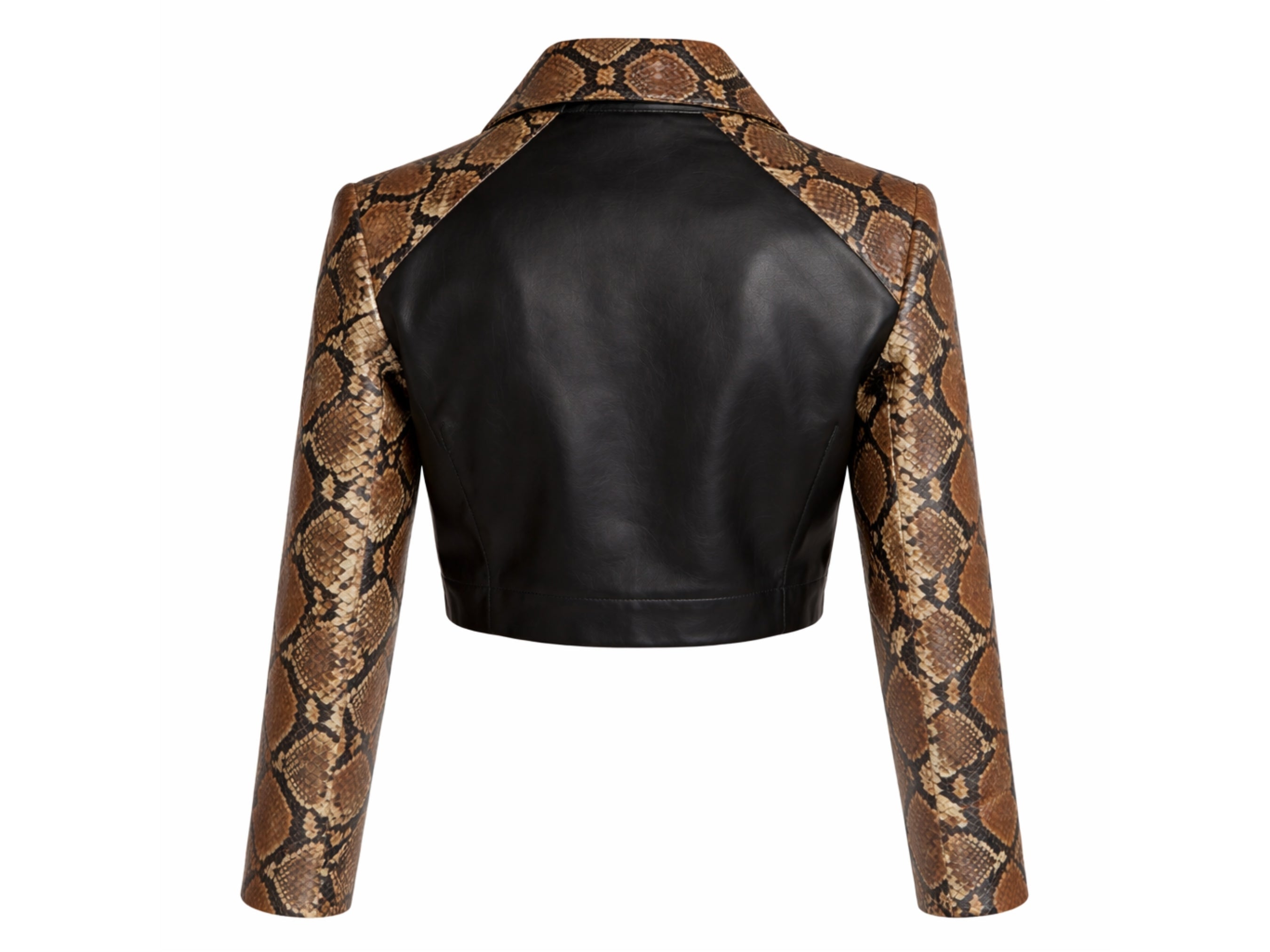 Back view of cropped motorcycle jacket: black center with brown snakeskin sleeves.