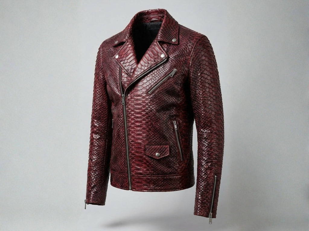 Burgundy python snakeskin leather biker jacket front view with diagonal zip and chest pocket