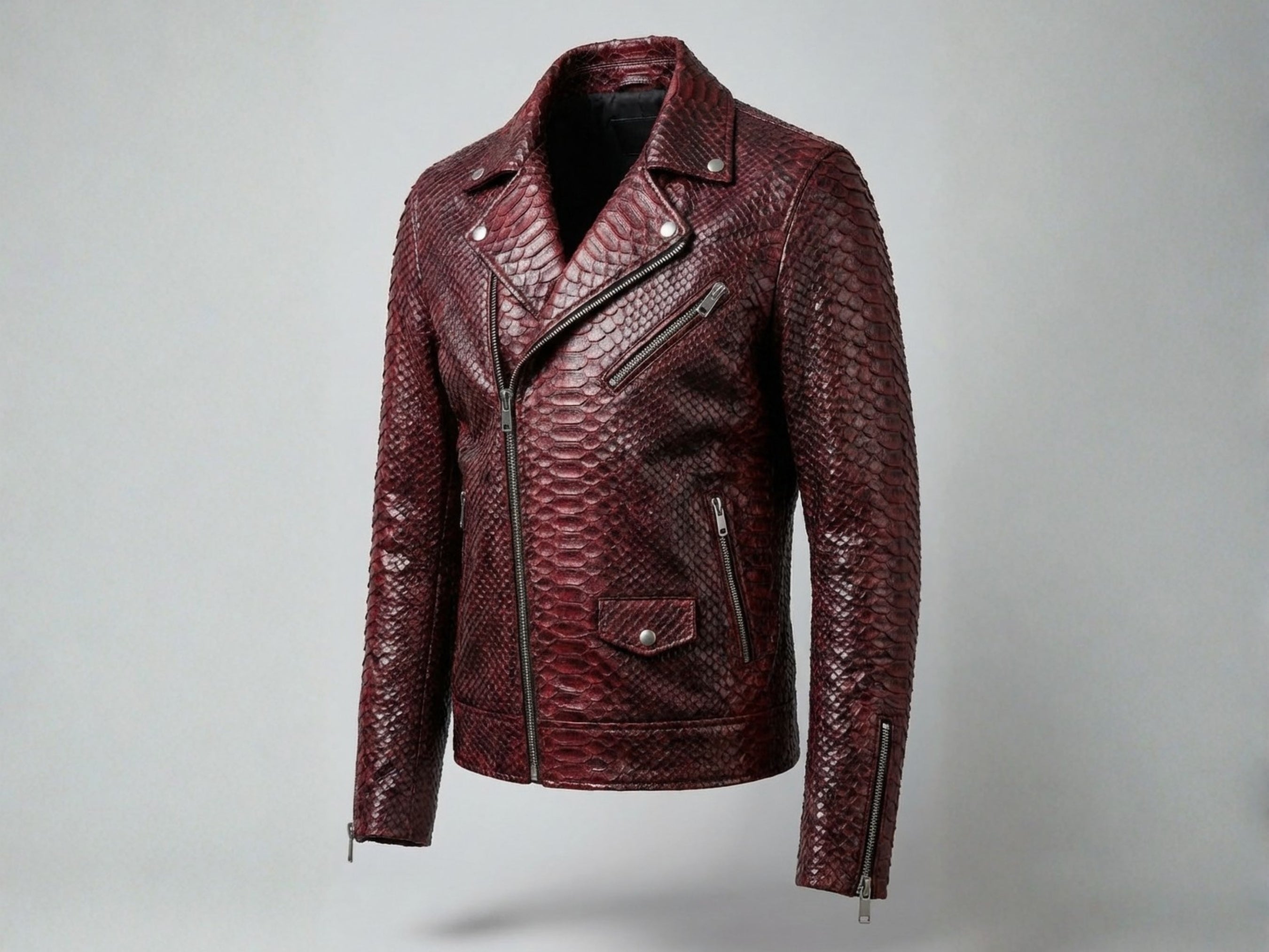 Burgundy python snakeskin leather biker jacket front view with diagonal zip and chest pocket