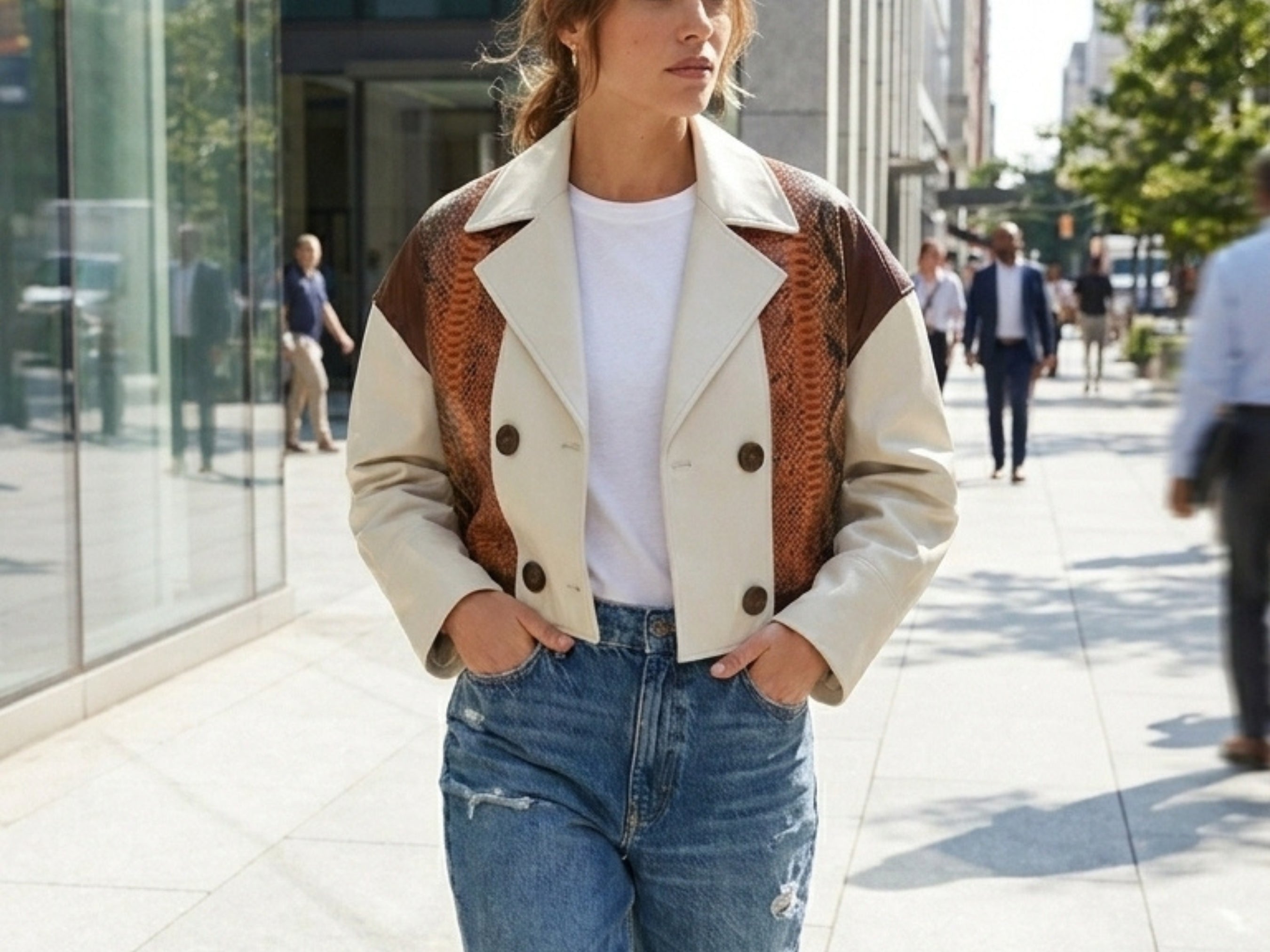 Double-breasted blazer worn with cream sleeves and brown-orange snakeskin vest panel