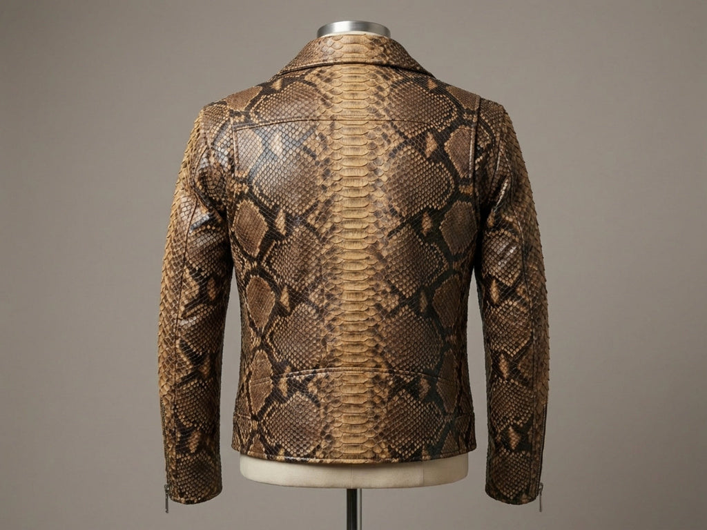Natural brown snakeskin leather biker jacket back view with stand-up collar