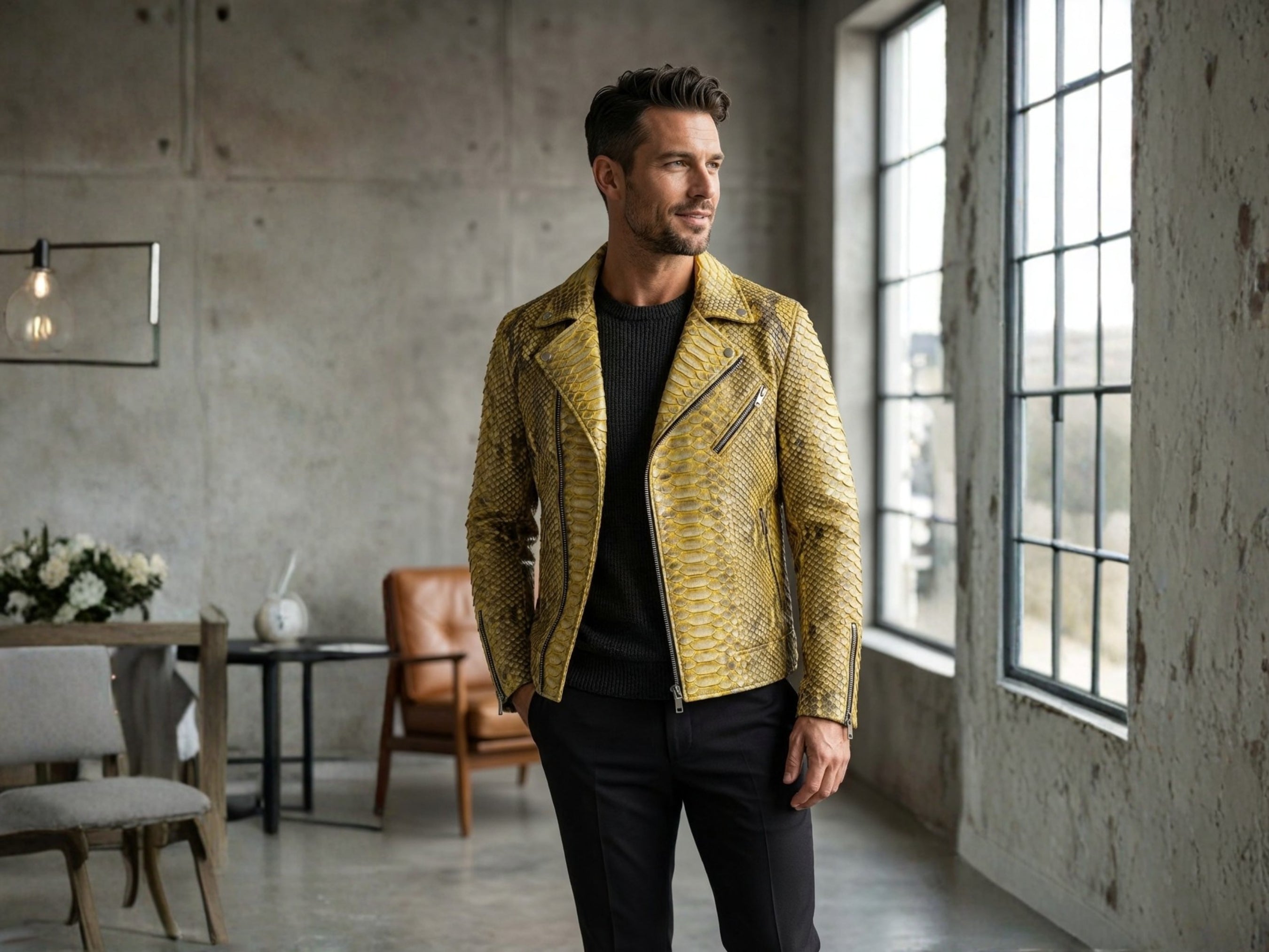 Gold snakeskin biker jacket with diagonal zipper pockets and stand collar detail.
