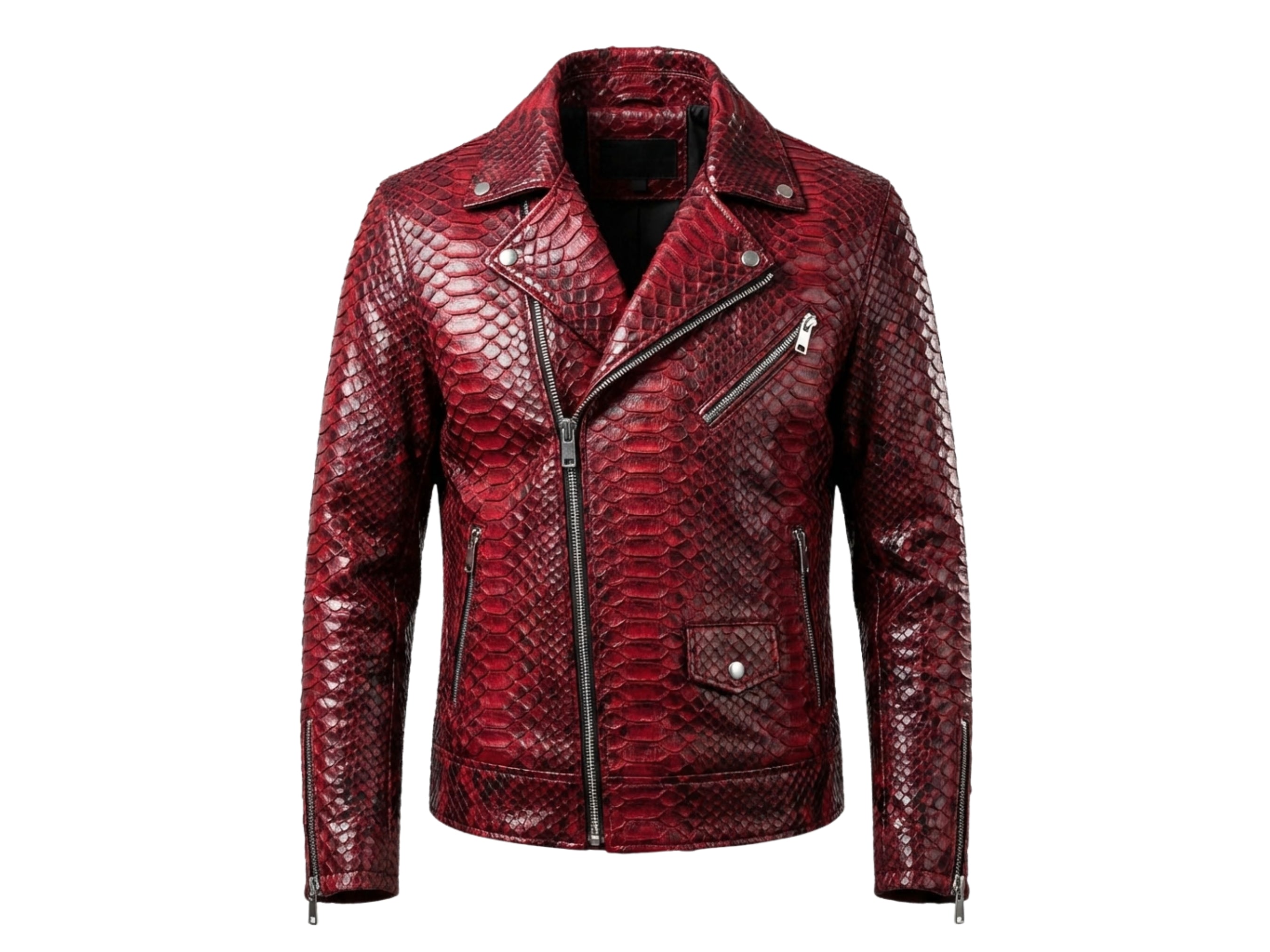 Red python snakeskin biker jacket with asymmetrical zip front and stand collar