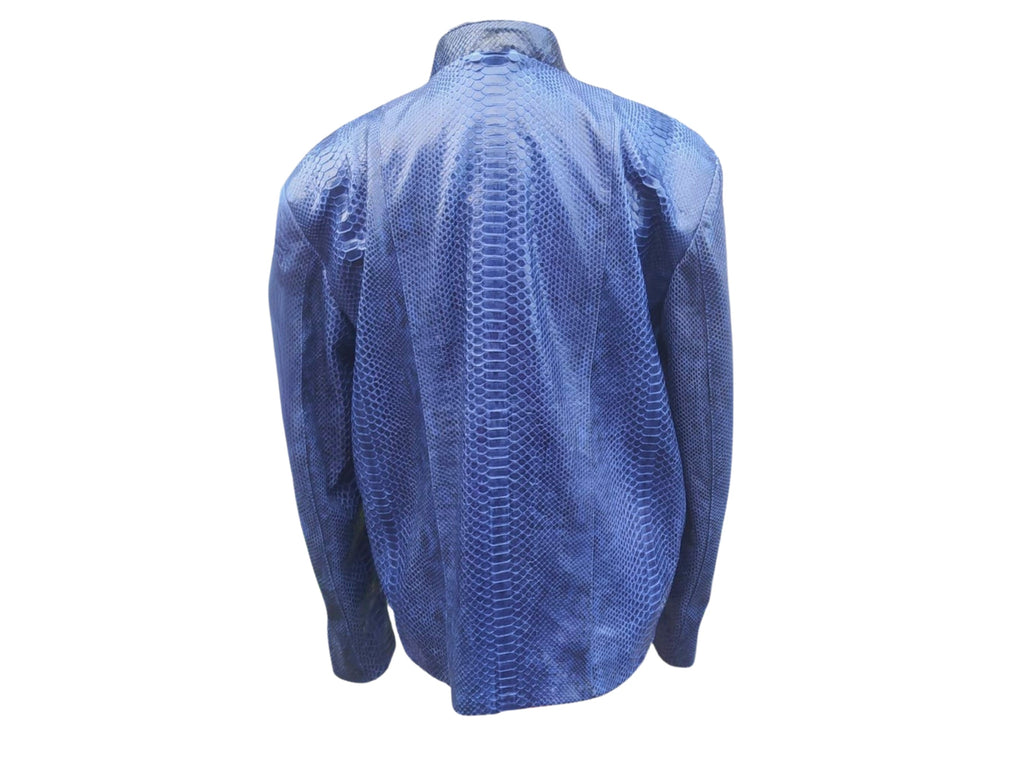 Blue snakeskin leather jacket, back view, zip-up with round collar