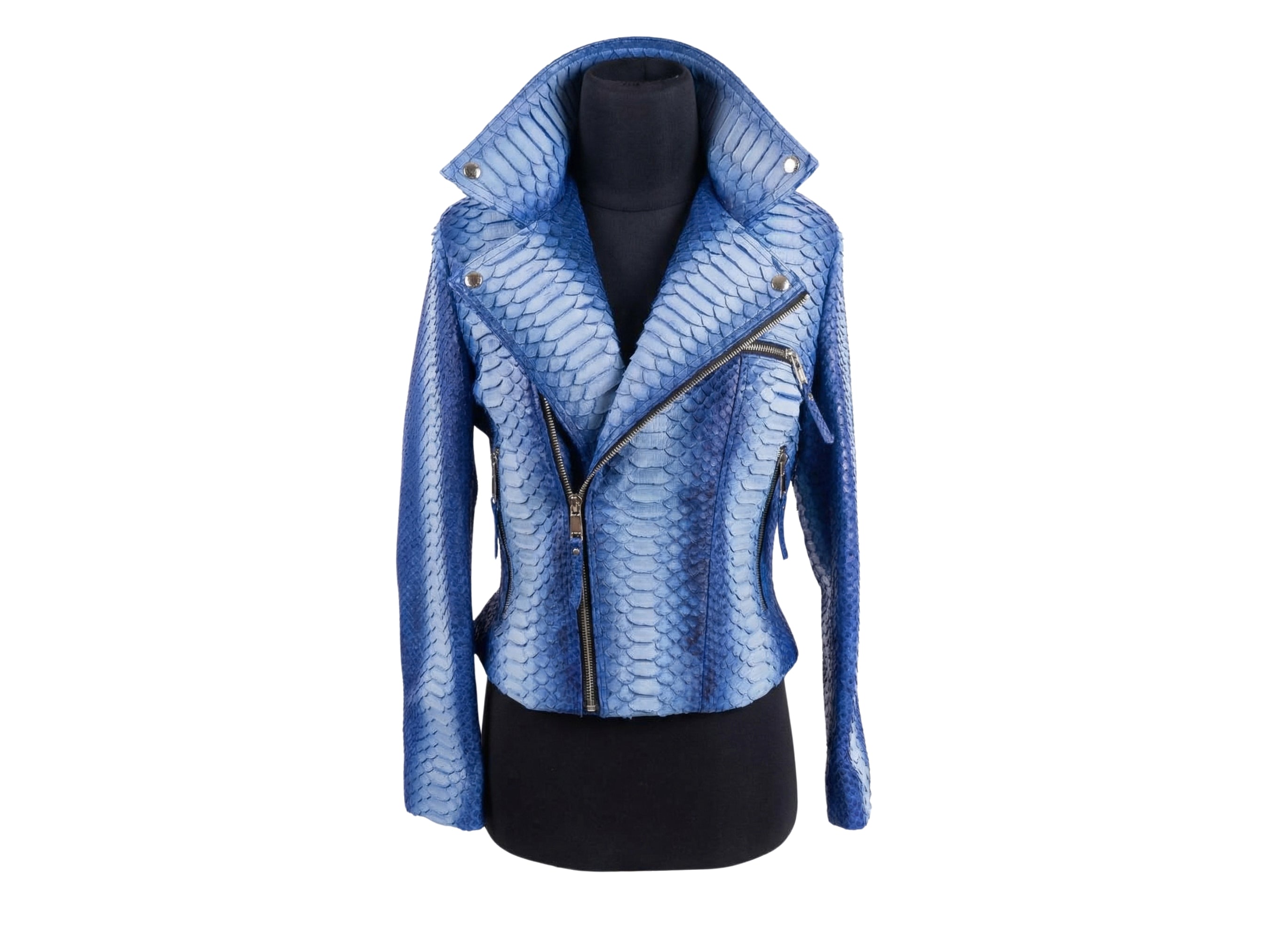 Blue snakeskin-effect moto jacket with asym zipper, notched lapels, and multiple zip pockets.