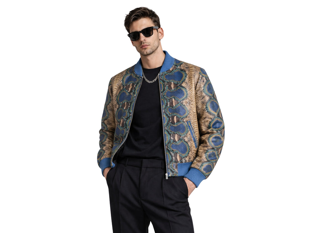 Python snakeskin bomber jacket on model, blue tan patterned body with ribbed hem